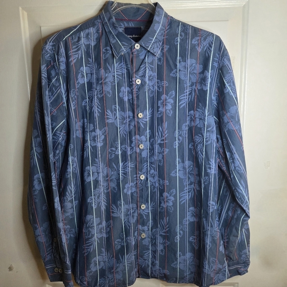 Tommy Bahama Men’s Long Sleeve Cotton/Silk Button-Down Floral/Stripe Shirt Large